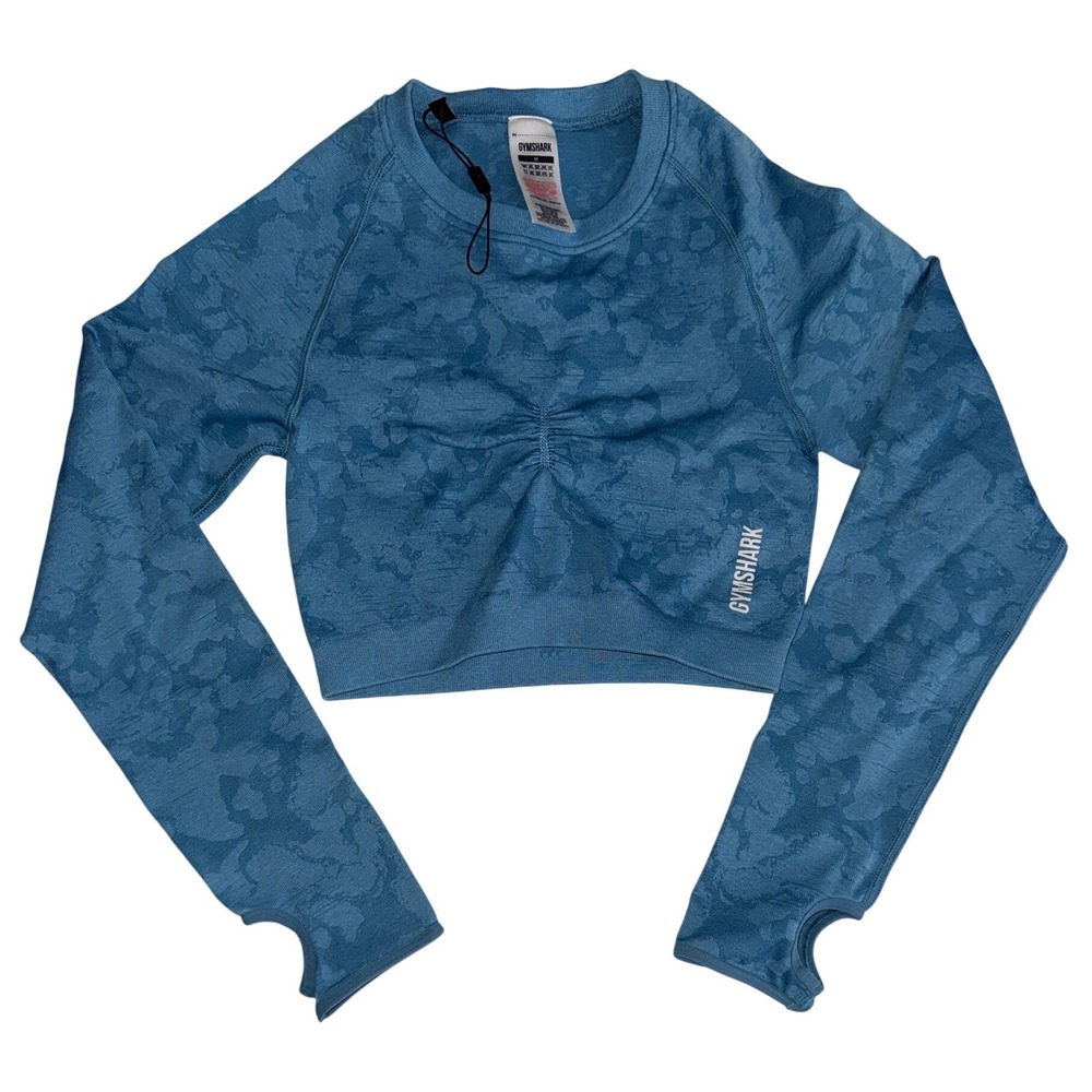 Gymshark Adapt Camo Seamless Long Sleeve Crop Top Blue Ruched Keyhole Womens M